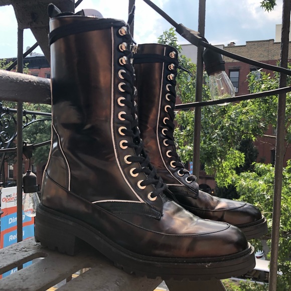 NWOT NWOB Havva Mustafa Metallic Oiled Bronze Black Lace Up Combat Boots - Picture 2 of 16